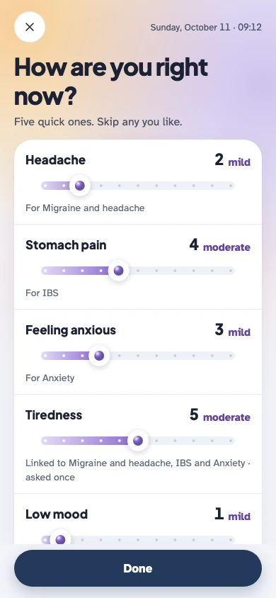 myHealthPal development preview showing a symptom check-in with example severity ratings