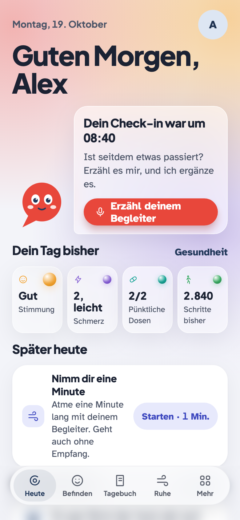 Heute-Ansicht von myHealthPal mit Pal, einem beispielhaften täglichen Check-in und Gesundheitsaufzeichnungen aus dem Alltag