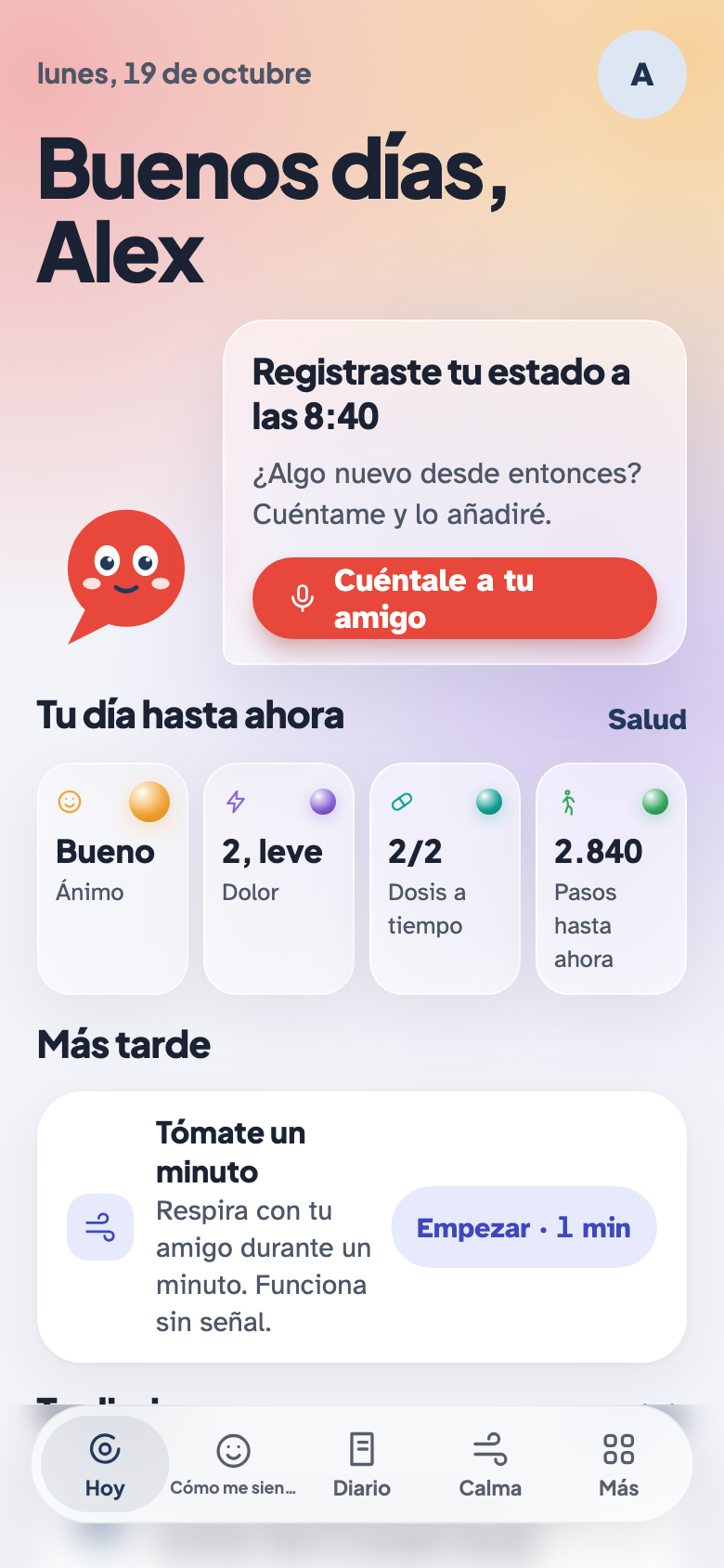 Pantalla Hoy de myHealthPal con Pal, un ejemplo de registro diario y registros de salud cotidiana