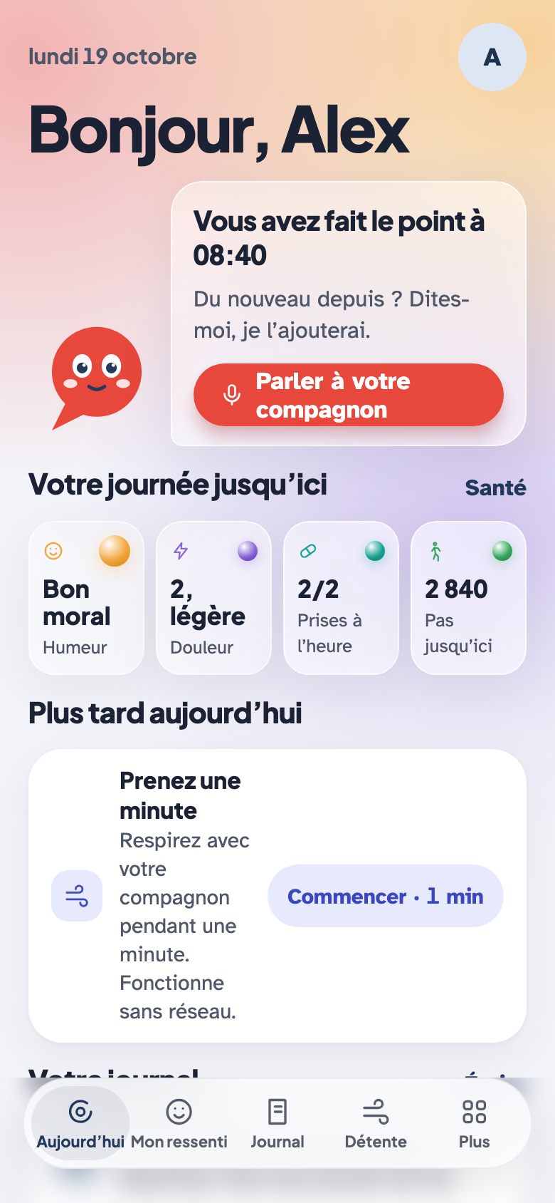 Écran Aujourd’hui de myHealthPal avec Pal, un exemple de point quotidien et des données de santé du quotidien