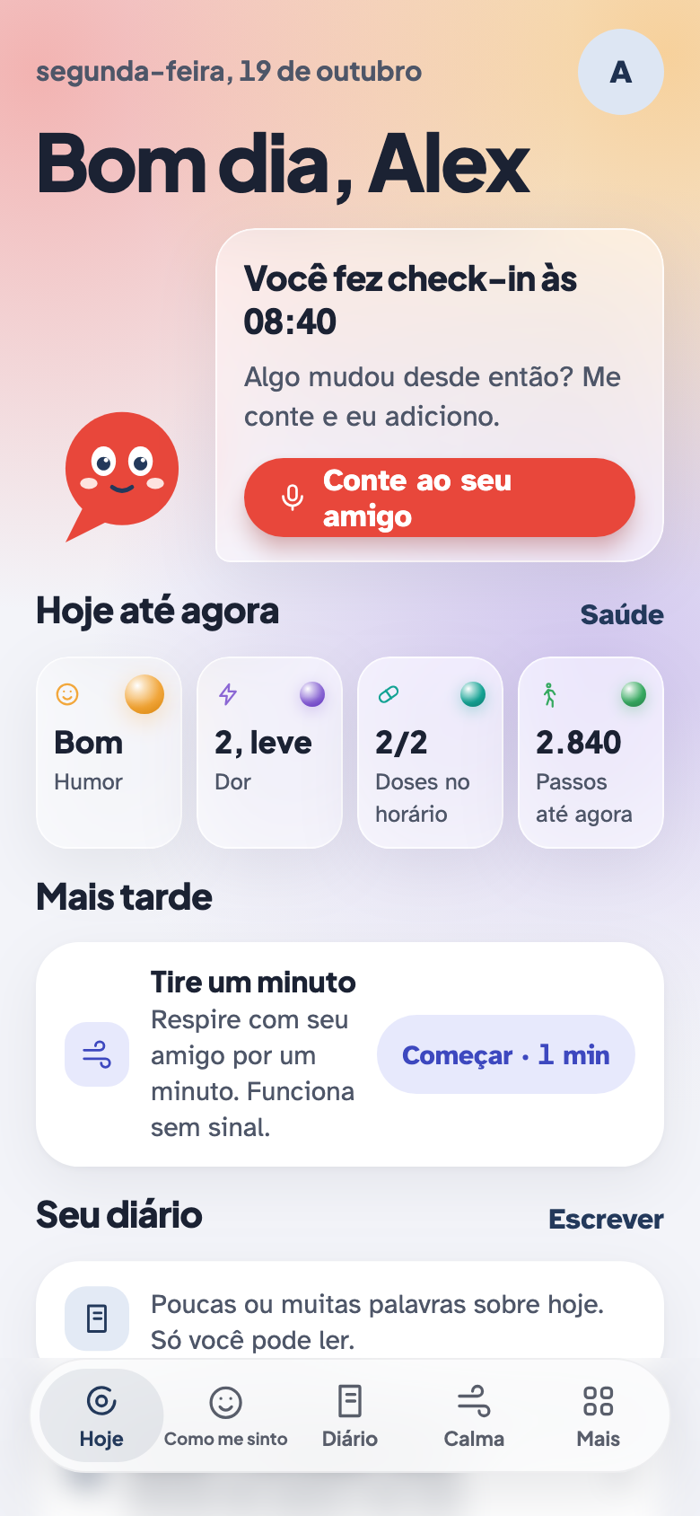 Tela Hoje do myHealthPal com Pal, um exemplo de registro diário e registros de saúde do dia a dia