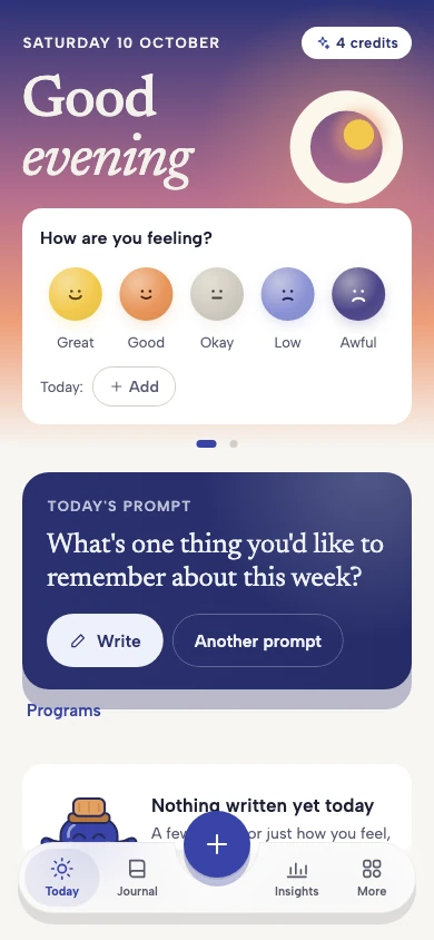 OwnLight development preview with a mood check-in and a daily writing prompt